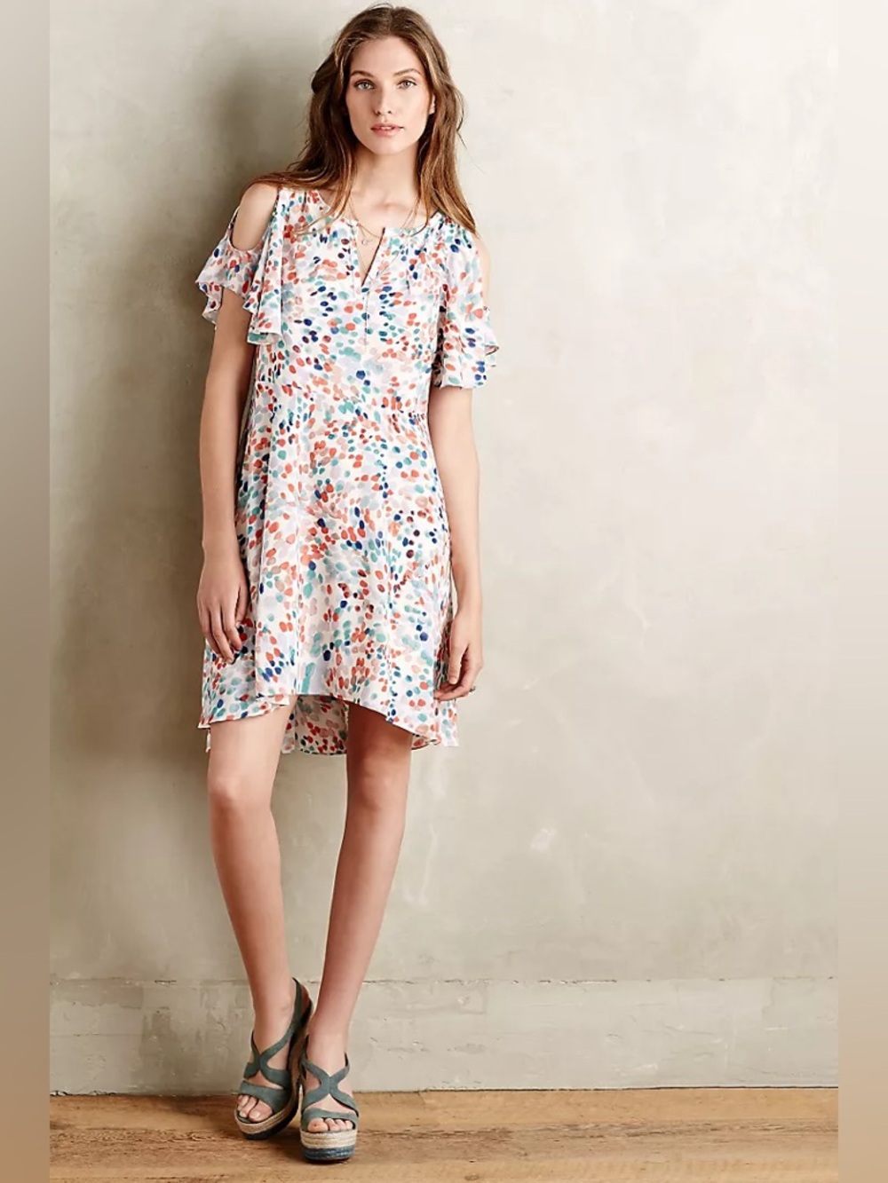 Maeve Anthropologie Fluttered Watercolor Dot Cold Shoulder Dress - Size L